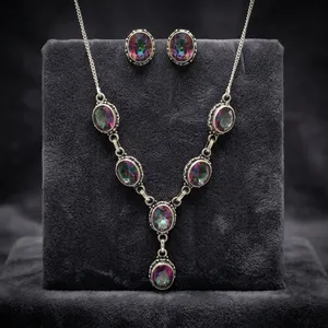 Bohemia 925 Sterling Silver Mystic Topaz Jewelry Set Necklace Earrings Multicolor Gemstone Pendant Oval Setting Women's Wear - Product Image 5
