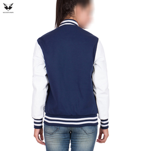 Women's Navy Blue Varsity Jacket With White Sleeves Best Selling Highest Quality Winter Outer Wear Customized Jackets For Women - Product Image 2