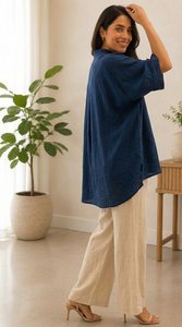Ocean Blue Woven Solid Dupion Silk Loose V-<b>Neck</b> Top - Product Image 4