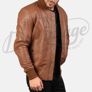 Chaqueta de Cuero Marrón Personalizada para Hombre, Estilo Bomber, con Detalle de Acolchado de Diamantes, Chaqueta de Piloto MA-1, Corte Ajustado, Cuero de Oveja Auténtico - Product Image 5