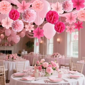 Set di 15 Decorazioni da Parete con Ventaglietti Floreali Rosa Pastello e Pompon in Carta Velina per Feste di Laurea, Compleanno, Matrimonio - Product Image 2