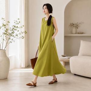 Women Olive Green Cotton Linen Maxi <b>Dress</b> O-neck <b>Loose</b> Fit Sleeveless Summer Casual <b>Dress</b> Solid Color With Pocket - Product Image 2