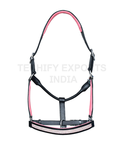 Cabestro de cuero negro y rosa con adornos de diamantes de imitación, estilo brida, ajuste cómodo para montar a caballo - Product Image 5