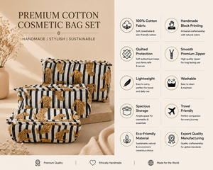 Ethically Handmade Cotton Quilted <b>Makeup</b> Bag Set Cute Cheetah Print Large Capacity Travel Toiletry <b>Case</b> Organizer Women - Product Image 2