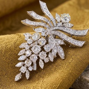 Art Deco Diamond Brooch 14K White Gold Plated IGI Certified 7-8CT Wedding Brooch - Product Image 3