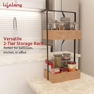 Wooden Double Tier <b>Storage</b> Rack With Metal Frame Minimalist Bathroom Organizer For <b>Toiletries</b> And Sundries Standing Type - Product Image 4