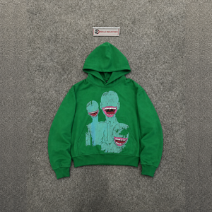 Sudadera con Capucha Verde Premium de Estilo Urbano con Gráficos de Monstruos Abstractos, de Alta Calidad, Oversize, de Algodón French Terry, con Estampado Alien D - Product Image 5