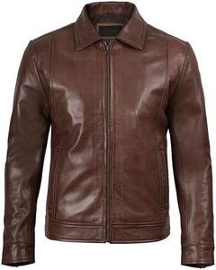 <b>Brown</b> <b>Leather</b> <b>Jacket</b> <b>Men</b> Zip Up Turn Down Collar Moto Biker Style Casual Outerwear Autumn Wear Regular Fit Cotton Lining - Product Image 3