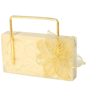 Luxury <b>Gold</b> Floral Resin <b>Clutch</b> Bag with Elegant Metal Flower and Leaf Embellishment, Stylish Evening Party Handbag for Women - Product Image 4