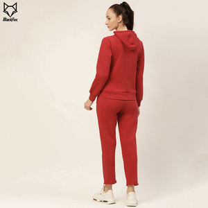Women's <b>Red</b> Hooded Tracksuit Full Sleeve Solid Color Casual Jogging Pants With Side Pockets Elastic Waist - Product Image 4