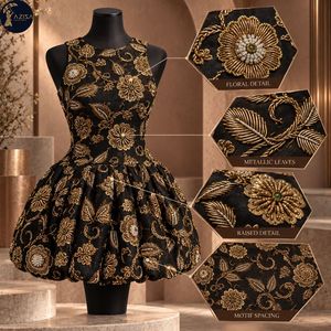 Botanical Gold <b>Embroidery</b> Dress <b>Fabric</b> with Raised Floral Leaves and Green Accents | Decorative Textile for Bridal Gowns Evening - Product Image 5
