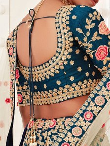 Blue Modern A-Line Satin Floral Embroidered Lehenga Choli Set with <b>Sequin</b> and Zari for Women's Empire Waist Wedding Dress - Product Image 4