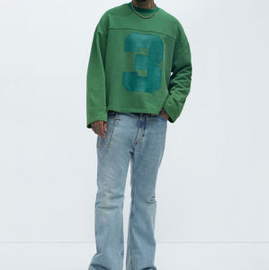 T-shirt vert surdimensionné à manches longues pour homme, imprimé numéro 3, style streetwear, col rond, en coton tricoté, haut décontracté - Product Image 1