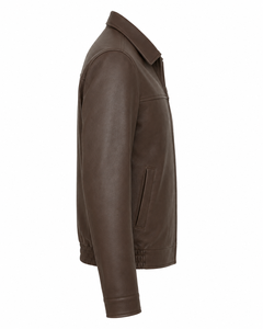 <b>Men</b>’s Classic <b>Brown</b> <b>Leather</b> <b>Jacket</b> with Shirt Collar, Front Zip, Side Pockets and Comfortable Regular Fit - Product Image 2
