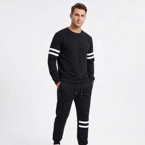 Conjunto de Sudadera Negra con Cuello Redondo y Rayas Blancas en las Mangas y Pantalones Deportivos para Mujer, Ropa Casual de Otoño, 100% Algodón Tejido - Product Image 4