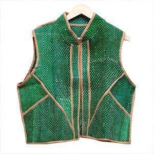 Chaqueta sin mangas de punto con estampado verde, cuello mandarín y ribete en contraste, de algodón transpirable, para otoño y verano. - Product Image 1