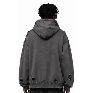 Créez votre propre sweat à capuche oversize pour homme, gris, déchiré, streetwear, hip hop, coton, molleton français, logo imprimé sur le devant, automne - Product Image 4