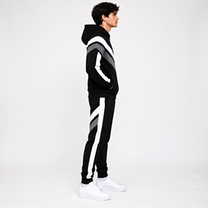 Ensemble de survêtement noir à chevrons pour homme, veste de sport à capuche entièrement zippée et pantalon de jogging fuselé avec design color block blanc et gris - Product Image 4