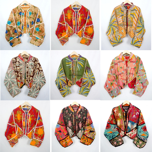 Handmade Vintage 100% Cotton Kantha Quilted Eco-Friendly <b>Jacket</b> Block Print Floral Design <b>Mandarin</b> <b>Collar</b> Open Front All Season - Product Image 1