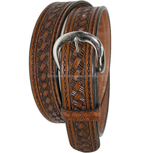 Hot Sale Full Grain Genuine Cowhide Western Leather tooling <b>belt</b> for men and women with basket weave design embossed <b>cowboy</b> <b>belt</b> - Product Image 5
