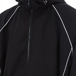Ensemble de survêtement noir à capuche pour homme, veste zippée et pantalon coupe ample, tenue sportive à rayures blanches, vente en gros de vestes coupe-vent pour homme - Product Image 3