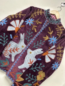 Boho <b>Velvet</b> Hand Embroidered Suzani Floral Pattern O-Neck Full Sleeve Autumn Unisex Multi-function Reversible <b>Jacket</b> - Product Image 5