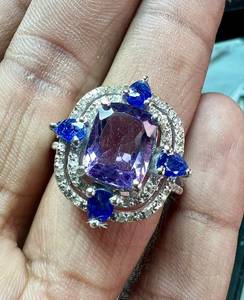 Natural Amethyst And Blue Sapphire Gemstones With Single Cut Diamond 925 Sterling <b>Silver</b> <b>Ring</b> - Product Image 5