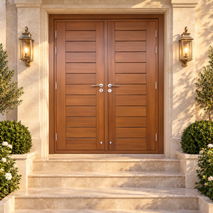 Puerta de Entrada de Madera Sólida GA-46L en Nogal, Caoba y Palo de Rosa con Diseño Moderno de Doble Ranura para Exterior de Apartamento - Product Image 1