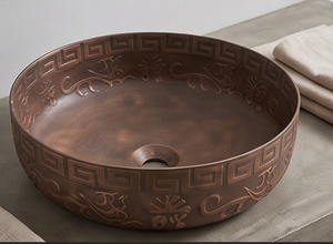 Lavabo en cuivre fait main, rond, à cuve unique, design traditionnel, finition mate brossée, à poser sur le comptoir, pour salle de bain - Product Image 4