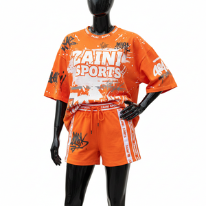 Conjunto de camiseta y pantalones cortos para mujer, algodón premium de rizo 220 GSM, color naranja suave, panel lateral con cinta, logotipo personalizado, conjuntos para mujer - Product Image 6