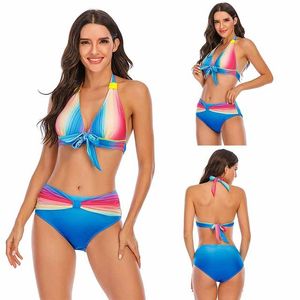 Conjunto de Bikini a Rayas con Cuello Halter para Mujer, Traje de Baño de Dos Piezas de Cintura Alta, Talla Grande, con Ribete en Contraste, Spandex y Poliéster - Product Image 5
