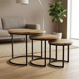 Modern <b>Round</b> <b>Nesting</b> <b>Coffee</b> <b>Tables</b> Wood Top Metal Frame Minimalist Design Living Room Furniture - Product Image 2