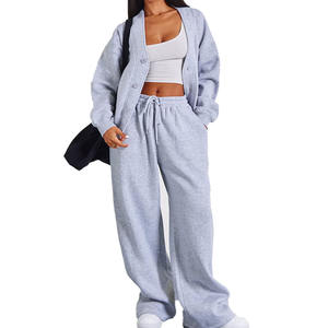 Ensemble de survêtement à capuche pour femme, mode hiver, 100% coton molletonné, deux pièces, streetwear avec pantalon large - Product Image 1