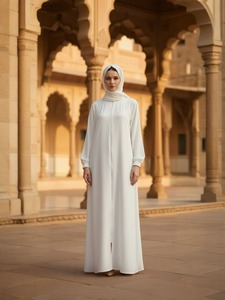 Abaya blanche à manches longues, longueur ras du sol, col montant, robe modeste en coton pour femme, tenue quotidienne du Moyen-Orient, couleur unie, coupe ample - Product Image 4