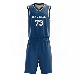 Ensemble de maillot de basket-ball bleu marine sans manches, uniforme à col en V avec short à taille élastique - Product Image 1