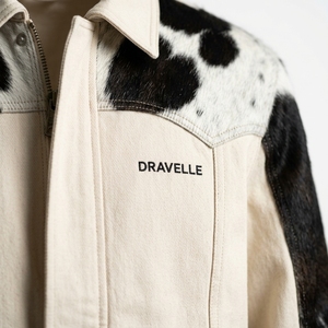 Veste en jean crème pour homme avec patchwork en cuir de vachette, coupe classique, manteau décontracté d'hiver - Product Image 6
