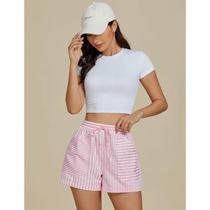 2025 pantalones cortos de playa a rayas de cintura alta para mujer moda Casual Pull-On cordón cintura elástica con bolsillos Material de LICRA - Product Image 4