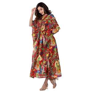 Vestido Túnica Kaftan de Algodón Kahlo Hecho a Mano, Kimono, Corte Holgado, Ropa para Mujer - Product Image 1