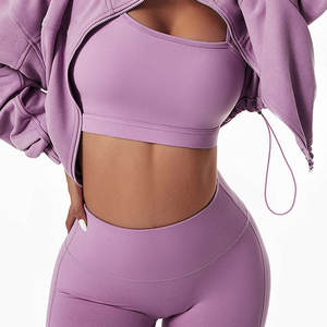 Women's High Waist Leggings Set Solid <b>Color</b> Long Sleeve Crop Top Puff Sleeve Zipper Front Gym Wear Full Length Spandex Polyester - Product Image 3