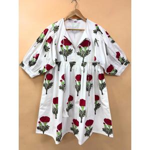 Bohemian Floral Block Print Cotton Midi <b>Dress</b> with Tie Neck and Puff Sleeves <b>Loose</b> Fit Asymmetrical Hem Summer Casual <b>Dress</b> - Product Image 2