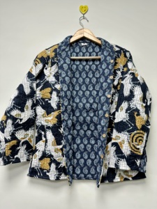 Handmade <b>Lightweight</b> Bird/Crane Print Cotton Quilted <b>Jacket</b> | Black <b>Womens</b> Short Coat | Boho Casual Autumn Outerwear | - Product Image 3