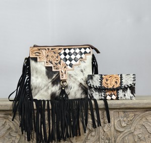 Nouvel ensemble de 2 sacs 2026 pour femme : sac à bandoulière à franges avec pochette et motif floral à carreaux imprimé animal en fourrure - Product Image 2