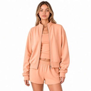 Premium Quality Women Mint Green <b>3</b> Piece Tracksuit <b>Set</b> Zipper Mockneck Sweatshirt Crop Top And Shorts Casual Jogger Outfit - Product Image 3