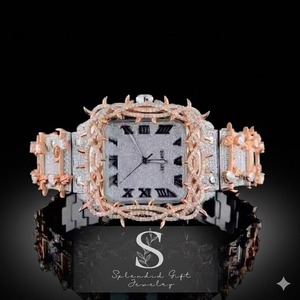 Montre-bracelet de luxe carrée pour homme en acier inoxydable, cadran rouge, entièrement sertie de diamants Moissanite, mouvement à quartz - Product Image 1