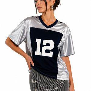 Maillot de football américain pour femme, col en V, maille argent marine, numéro 12, manches courtes, coupe régulière, vêtement anti-humidité - Product Image 1