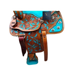 Sillín de caballo tipo barril vaquero de cuero marrón con diseño floral tallado a mano, asiento de gamuza turquesa, conchos de estrella y adornos de cristal, de 10 a 18 pulgadas - Product Image 2