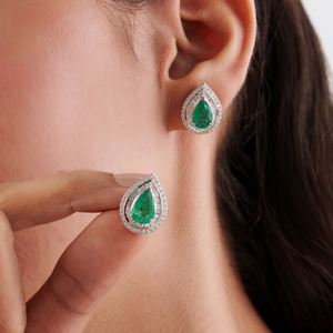 Boucles d'oreilles clous double grappe en émeraude zambienne et diamant de haute qualité, forme poire, pour femme, en or blanc véritable 18 carats, bijoux de déclaration - Product Image 2