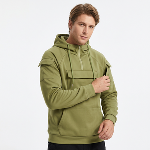 Sweat-shirt à capuche mi-zippé vert olive pour homme, en molleton, vêtement de travail, avec poche avant, cordon de serrage réglable, 100% coton, 380g - Product Image 6