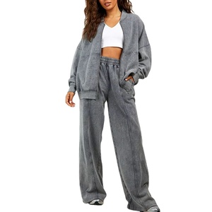 Custom Women's 100% <b>French</b> Terry Straight Leg Tracksuit Washed Zip Casual Sport <b>Outfits</b> Sweatsuits for Winter 2025 Embroidered - Product Image 1