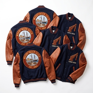 Veste universitaire personnalisée OEM en laine avec manches en cuir, broderie Clipper Fleet Ship et patch figuratif, manteau noir - Product Image 2